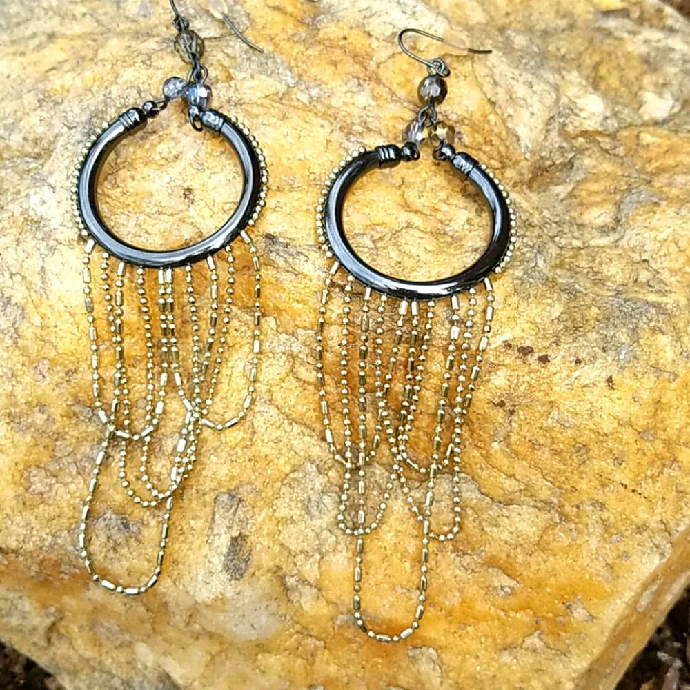 EUC gunmetal/gold-tone hoop/chandelier earrings